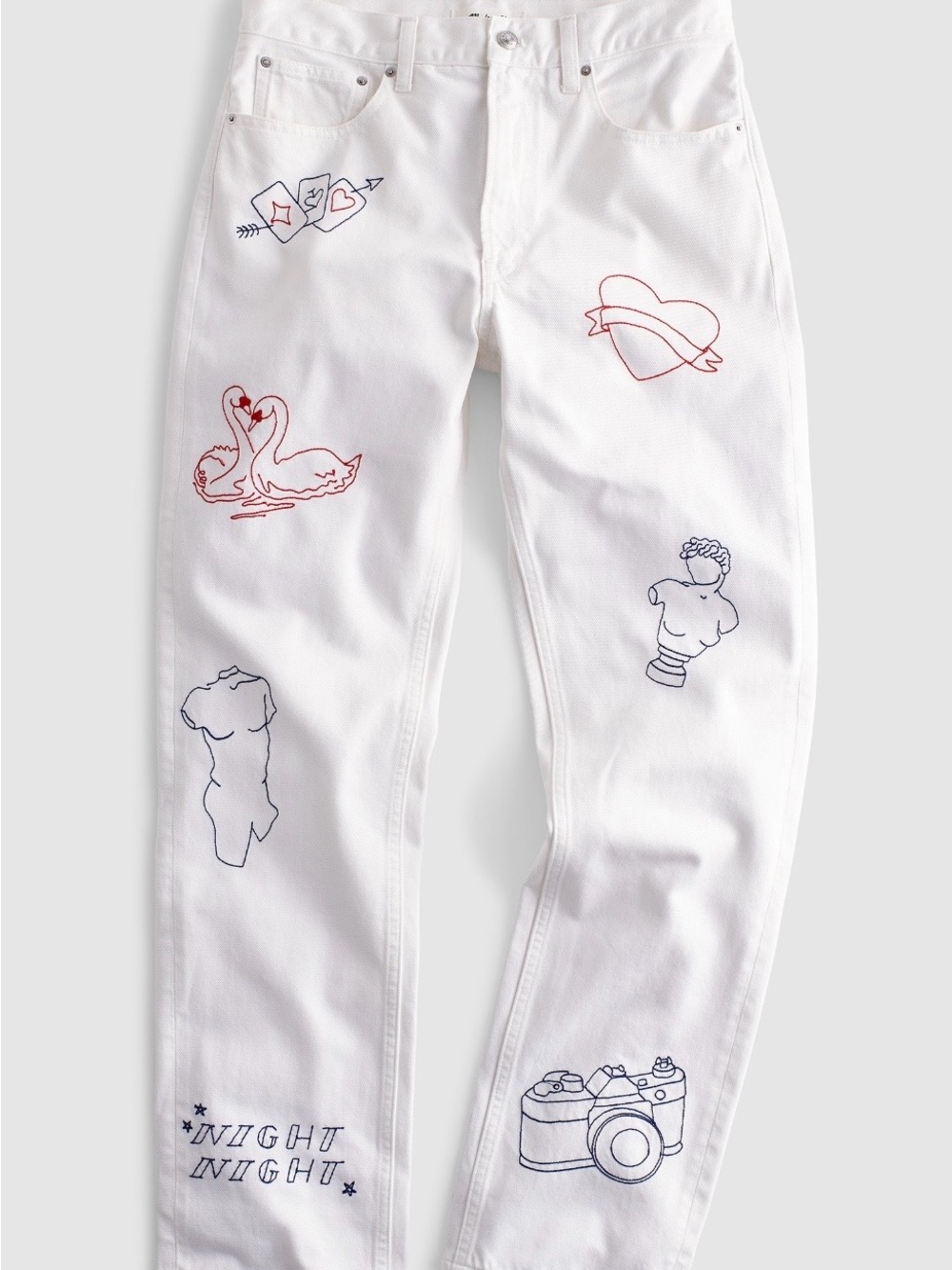 Madewell White Embroidered Slim Boyfriend Jeans with Red & Navy Icons - size 30